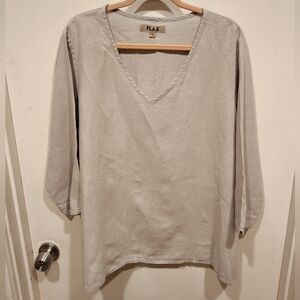 Flax Women's Gray Linen V-Neck 3/4 Sleeve Tunic Top Sz L Boho Beach Minimalist